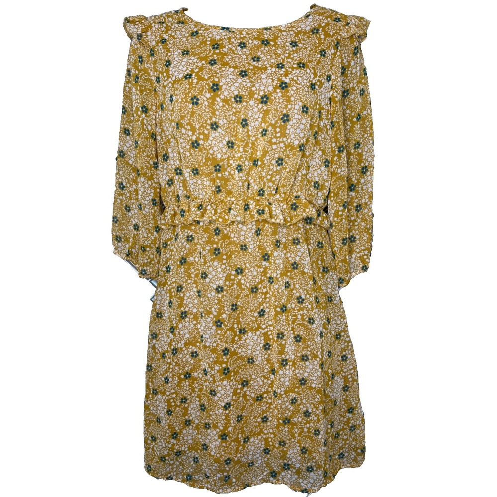 FREEBIRD‎ MUSTARD YELLOW WHITE DITSY FLORAL CHIFFON LINED 3/4 SLEEVE DRESS SMALL
